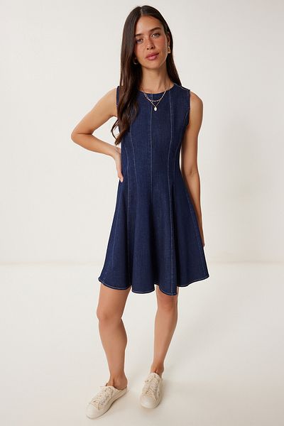 Happiness İstanbul Dunkelblaues Mini-Jeanskleid mit Volants für Damen KQ00012