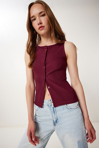 Happiness İstanbul Women's Burgundy Buttoned Flexible Corded Knitted Vest Zv00325