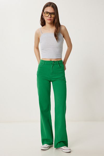 Happiness İstanbul Grüne Damen-Gabardine-Hose mit weitem Bein und Taschen WF00123