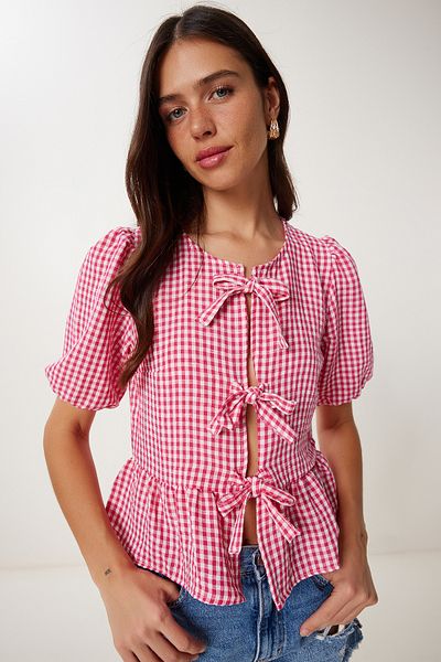 Happiness İstanbul Rosa karierte Damenbluse aus Leinen mit Schnürdetail TP00094