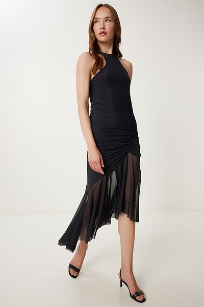 Happiness İstanbul Women's Black Asymmetrical Gathered Tulle Dress Vw00002