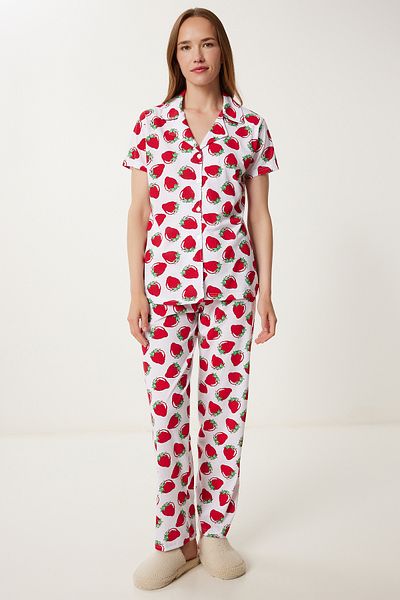 Happiness İstanbul Women's White Red Patterned Shirt Bottom Knitted Pajamas Set Fp00010