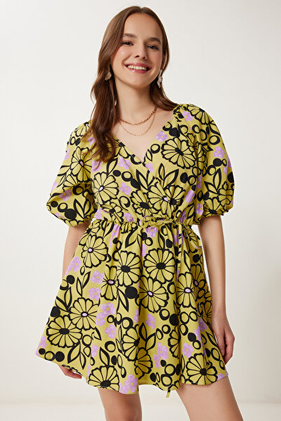 Happiness İstanbul Kadın Sarı Lila Anvelop Yaka Desenli Yazlık Elbise FK00022