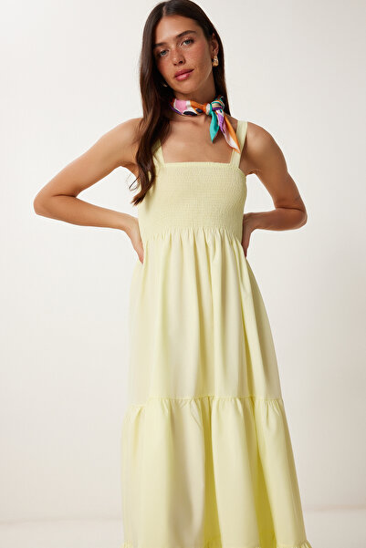 Happiness İstanbul Kadın Sarı Askılı Volanlı Yazlık Elbise ZV00330