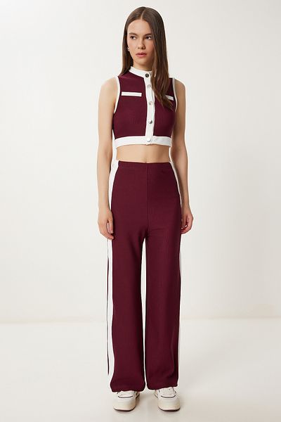 Happiness İstanbul Burgunderfarbener, kontrastfarbener, gerippter Strickanzug für Damen ZV00328