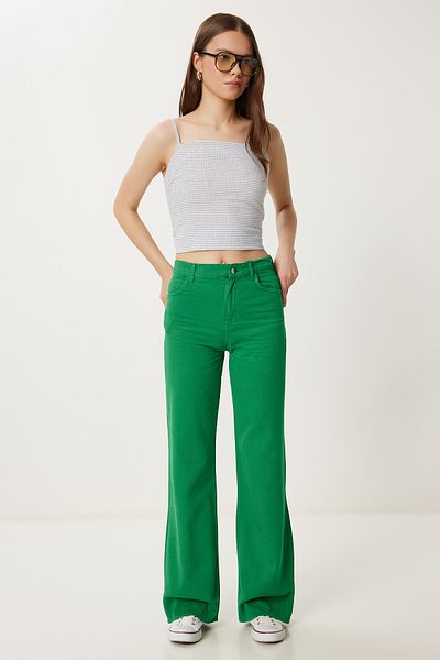 Happiness İstanbul Grüne Damen-Gabardine-Hose mit weitem Bein und Taschen WF00123