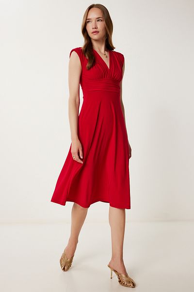 Happiness İstanbul Women's Red Padded Draped Sandy Midi Dress Li00129