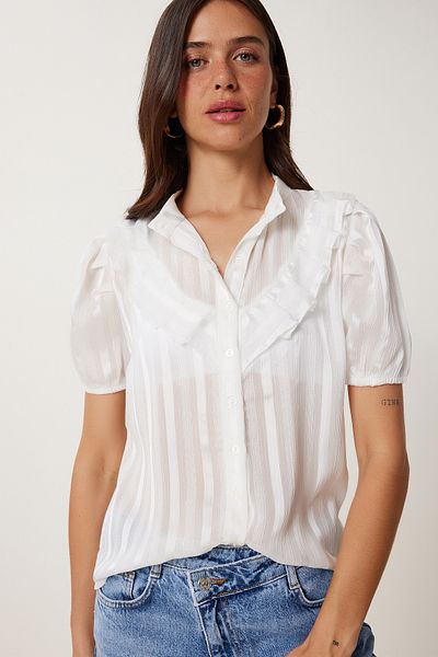 Happiness İstanbul Women's White Balloon Sleeve Flounced Chiffon Shirt Tp00098