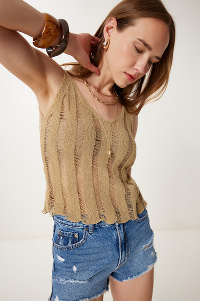 Happiness İstanbul Γυναικεία Μπεζ λουράκι διάτρητη καλοκαιρινή πλεκτή μπλούζα MT00158