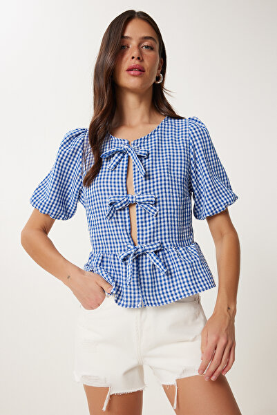 Happiness İstanbul Γυναικεία Σκούρο Μπλε Καρό Λινό Μπλούζα με Λεπτομέρεια TP00094