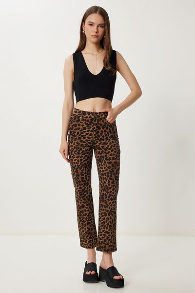 Happiness İstanbul Women's Black Beige Leopard Patterned Gabardine Trousers Wf00125
