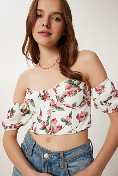 Happiness İstanbul Bluză de damă crem Dusty Rose cu model Crop din viscoză CR00510