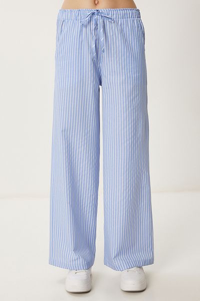 Happiness İstanbul Women's Sky Blue Striped Wide Leg Summer Trousers Pb00035
