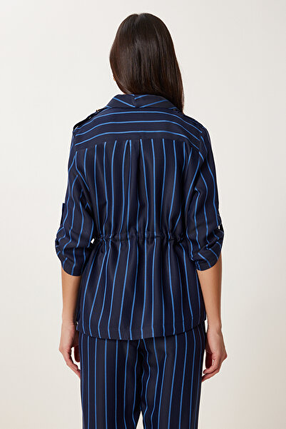 Happiness İstanbul Women's Navy Blue Striped Woven Jacket Pants Suit Wf00120