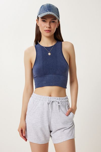 Happiness İstanbul Women's Gray Melange Knitted Tracksuit Shorts Zv00324