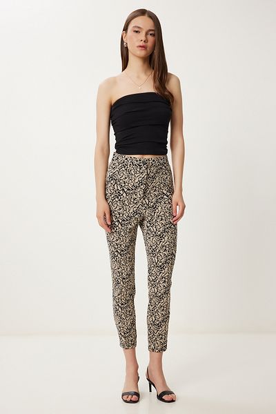 Happiness İstanbul Women's Black Beige Patterned Stretchy Woven Trousers Wf00143