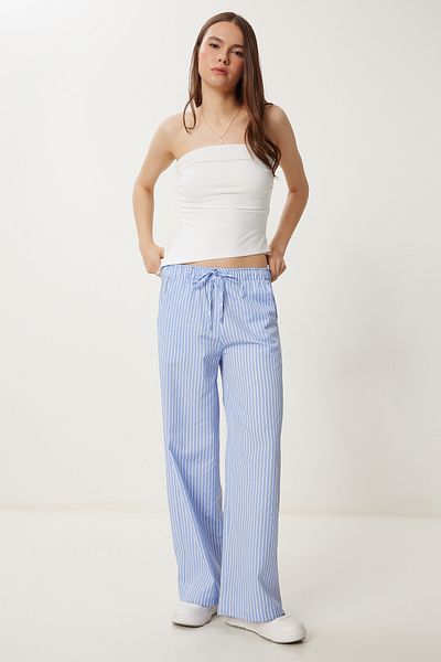 Happiness İstanbul Women's Sky Blue Striped Wide Leg Summer Trousers Pb00035