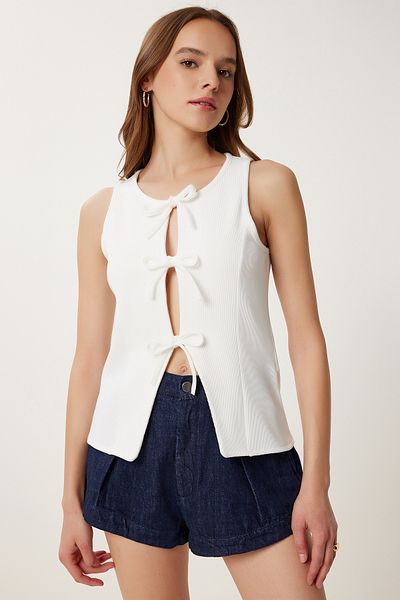 Happiness İstanbul Women's Ecru Tie Detailed Ribbed Knitted Blouse Pb00039