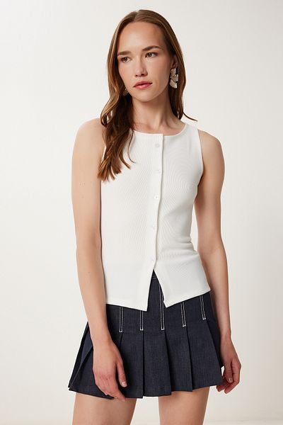 Happiness İstanbul Ecru geknöpfte, dehnbare, gerippte Strickweste für Damen ZV00325