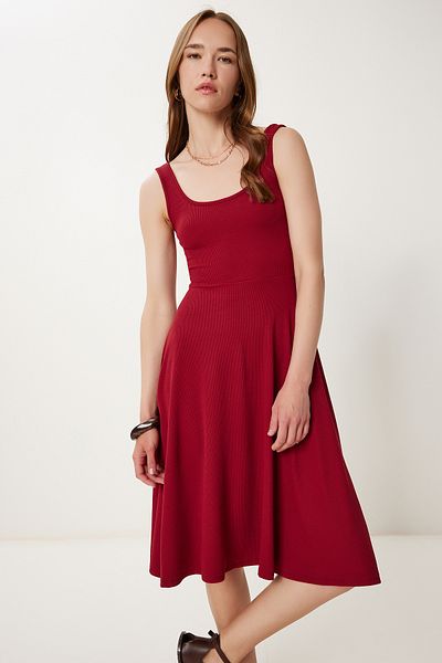 Happiness İstanbul Women's Burgundy Strap Summer Ribbed Knitted Midi Dress Dz00127