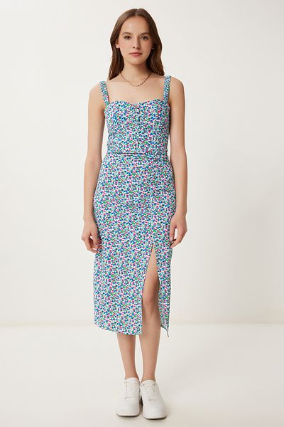 Happiness İstanbul Rochie Midi din Viscoză cu bretele cu model albastru roz FG00027