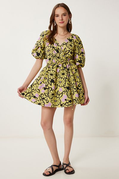 Happiness İstanbul Women's Yellow Lilac Wrap Collar Patterned Summer Dress Fk00022