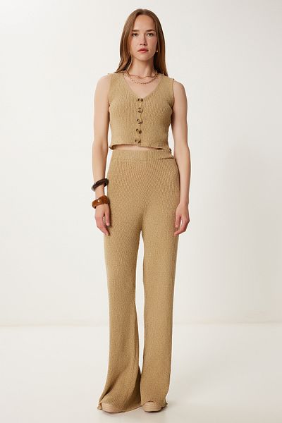 Happiness İstanbul Women's Beige Stylish Buttoned Flexible Knitwear Vest Trousers Set Mt00159