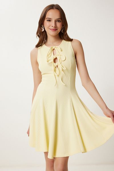 Happiness İstanbul Women's Yellow Tie Detail Mini Ribbed Knitted Dress Pb00041