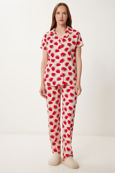 Happiness İstanbul Women's Pink Red Patterned Shirt Bottom Knitted Pajamas Set Fp00010