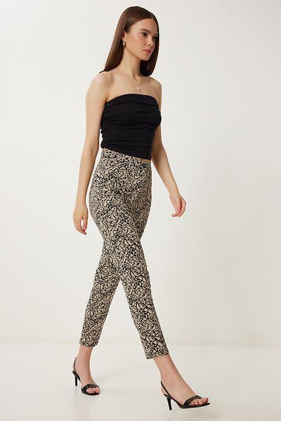 Happiness İstanbul Women's Black Beige Patterned Stretchy Woven Trousers Wf00143