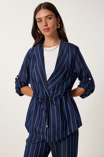 Happiness İstanbul Marineblau gestreifter, gewebter Jacken-Hosenanzug für Damen WF00120