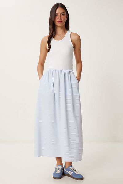 Happiness İstanbul Rochie midi pentru femei, albastru cer, alb, elastic, tricotat, cu fustă în carouri CI00120