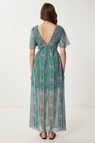 Happiness İstanbul Γυναικείο φόρεμα σιφόν με πράσινο ροζ σχέδιο με λεπτομέρεια FG00032