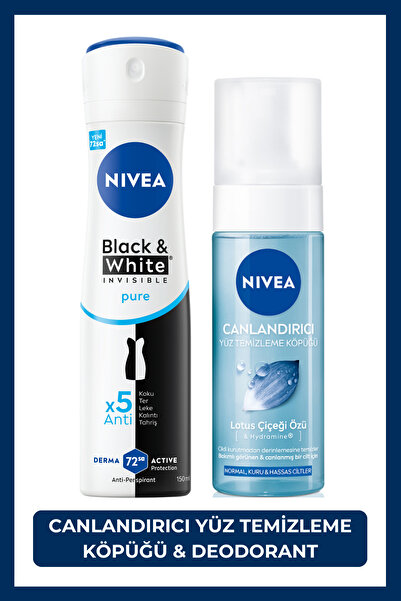 NIVEA Kadın Sprey Deodorant Black&White Invisible Pure 150ml ve Canlandırıcı Yüz Temizleme Köpüğü 150ml