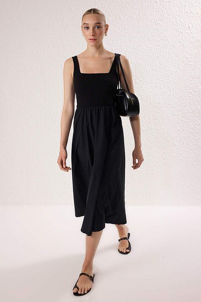 Trendyol Collection Black Top Stretchy Viscose Bottom Wide Terrycotton Contrast Woven Dress Twoss25El00840