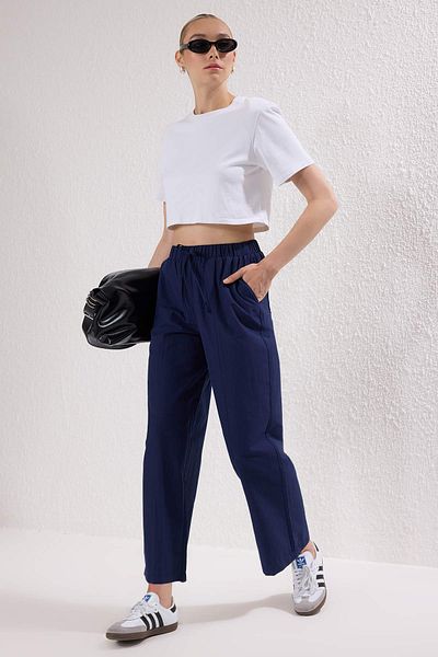 Trendyol Collection Navy Blue Matte Textured Elastic Waist Trousers Twoss25Pl00120
