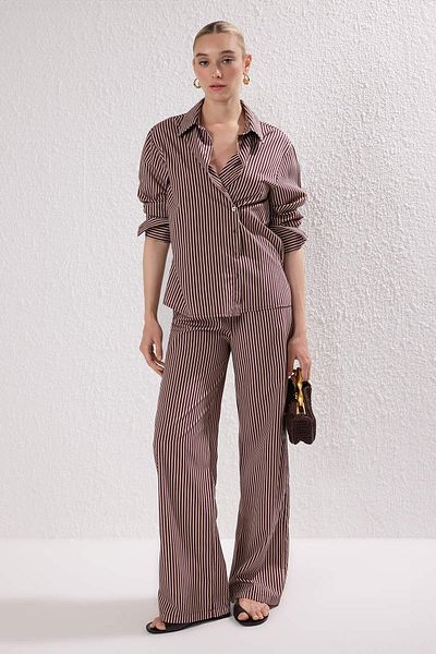 Trendyol Collection Burgundy Striped Woven Button Closure Shirt Pants Bottom-Top Suit Twoss25Au00113