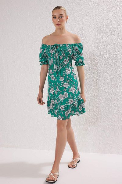 Trendyol Collection Green Floral Patterned Stretchy Midi Knitted Dress - With Guipes and Tie Detail TWOSS24EL01059