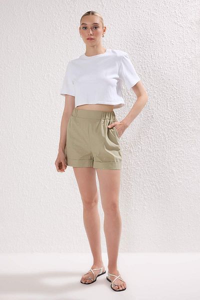 Trendyol Collection Light Khaki 100% Cotton Elastic Waist Stone Detailed City Boy Shorts & Bermuda Twoss25Sr00229