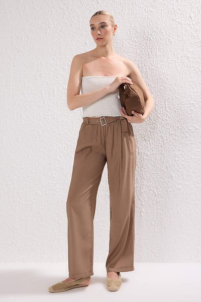 Trendyol Collection Beige Modal Soft Texture Belted Wide Leg Pants Twoss25Pl00112
