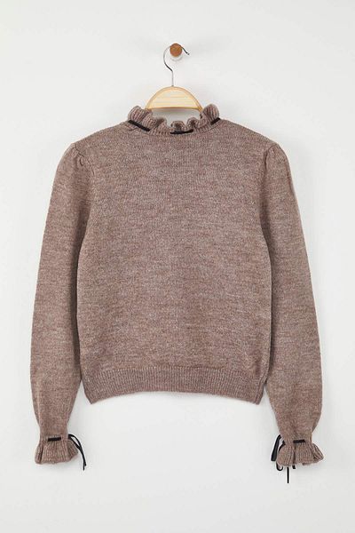 Trendyol Collection Mink Soft Textured Openwork/Perforated Ribbon/Bow Detailed Knitwear Sweater Twoaw21Kz2355
