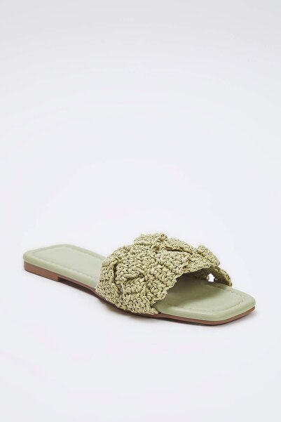 TRENDYOL SHOES Olejově zelené pletené dámské slaměné pantofle TAKSS25TE00030