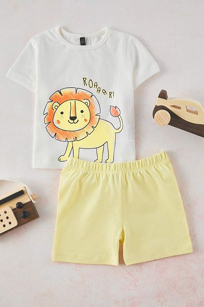 TRENDYOLKIDS Ecru Baby Boy 100 % Baumwolle Löwe bedrucktes Kurzarm-Strick-Unter-Oberteil-Set TKDSS25AU00156