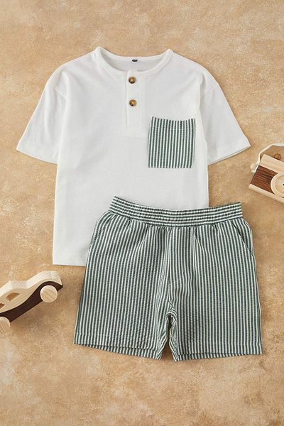 TRENDYOLKIDS Stone Boy's T-Shirt aus 100 % Baumwolle mit Streifen, Taschendetail, Shorts, gestricktes Oberteil, Oberteil, Anzug TKDSS25AU00110