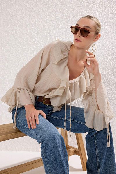 Trendyol Collection Beige Ruffled Bohemian Thin Cotton Fabric Long Sleeve Woven Blouse Twoss25Bz00551