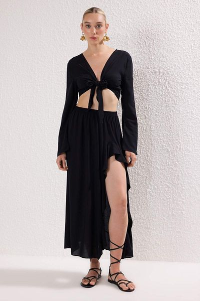 Trendyol Collection Black Woven Binding Detailed Flounced Deep Slit Beach Blouse Skirt Suit Tbess25Au00090