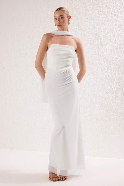 Trendyol Collection White Scarf Tulle Knitted Maxi Evening Dress Night Graduation Dress Tprss25Ae00056