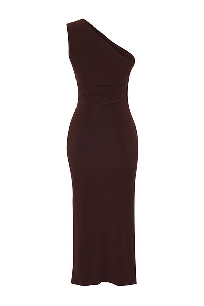 Trendyol Collection Brown One Shoulder Draped Fitted/Slim Fit Stretchy Knitted Midi Pencil Dress Twoss24El00100