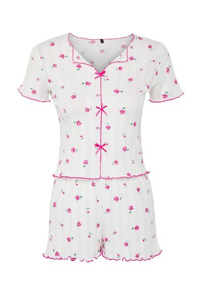 Trendyol Collection White-Pink 100% Cotton Floral Ribbon/Bow Ribbed Knitted Pajamas Set Thmss25Pt00434