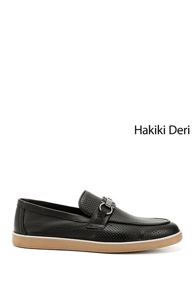 GÖNDERİ(R) Men's Black Buckle Genuine Leather Loafer Shoes